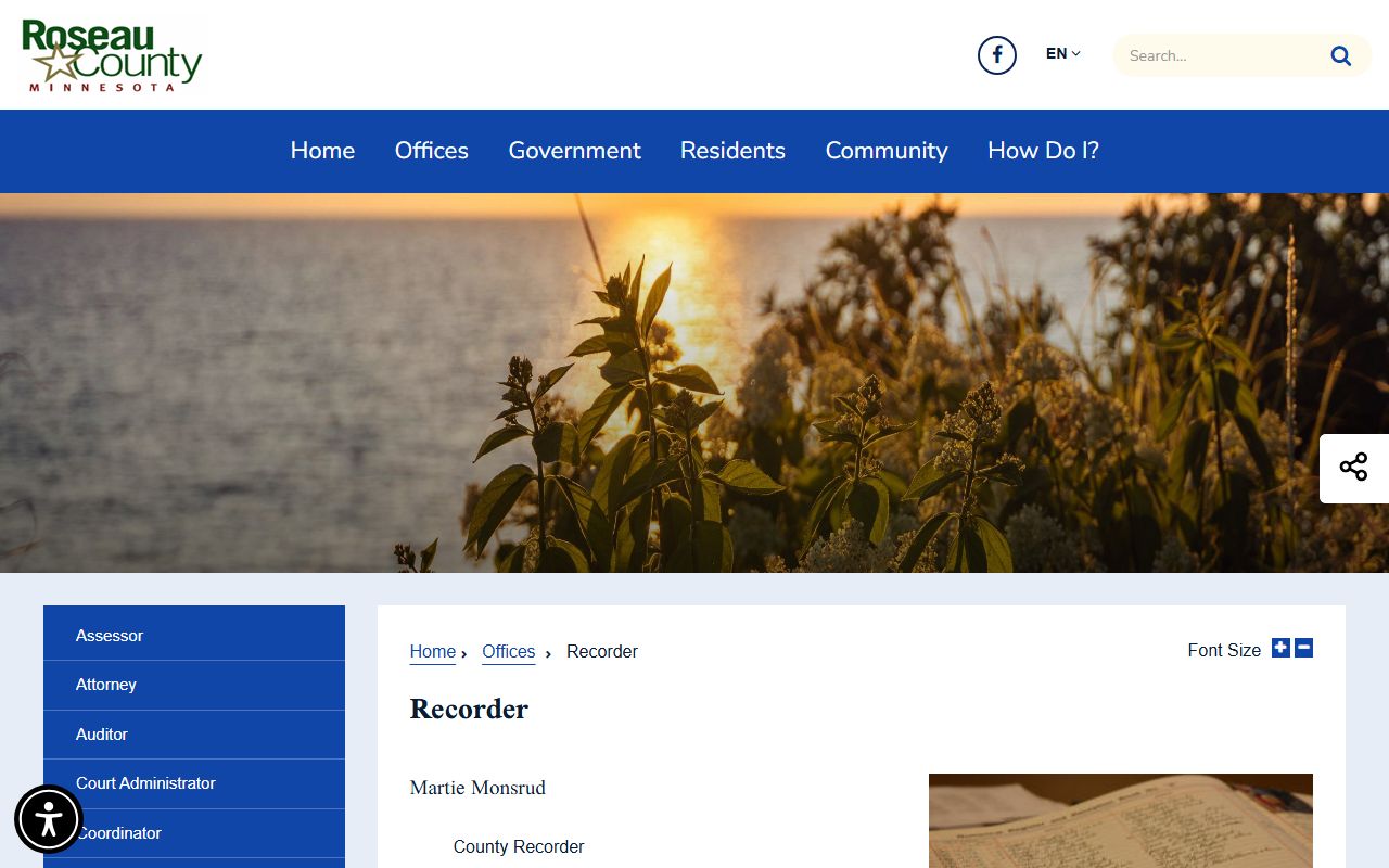 Roseau County Court Administrator records and Roseau County Recorder page