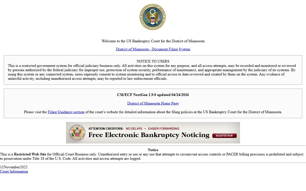 Roseau County court dockets Minnesota Bankruptcy CM ECF source
