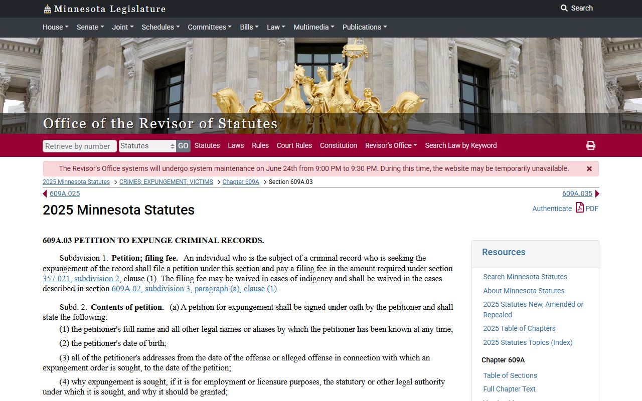 Roseau County criminal court records Minnesota petition to expunge statute