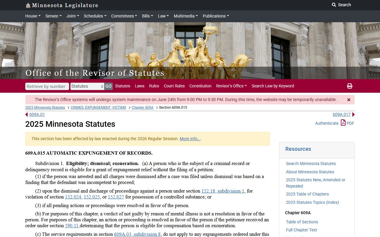 Roseau County criminal court records Minnesota automatic expungement statute