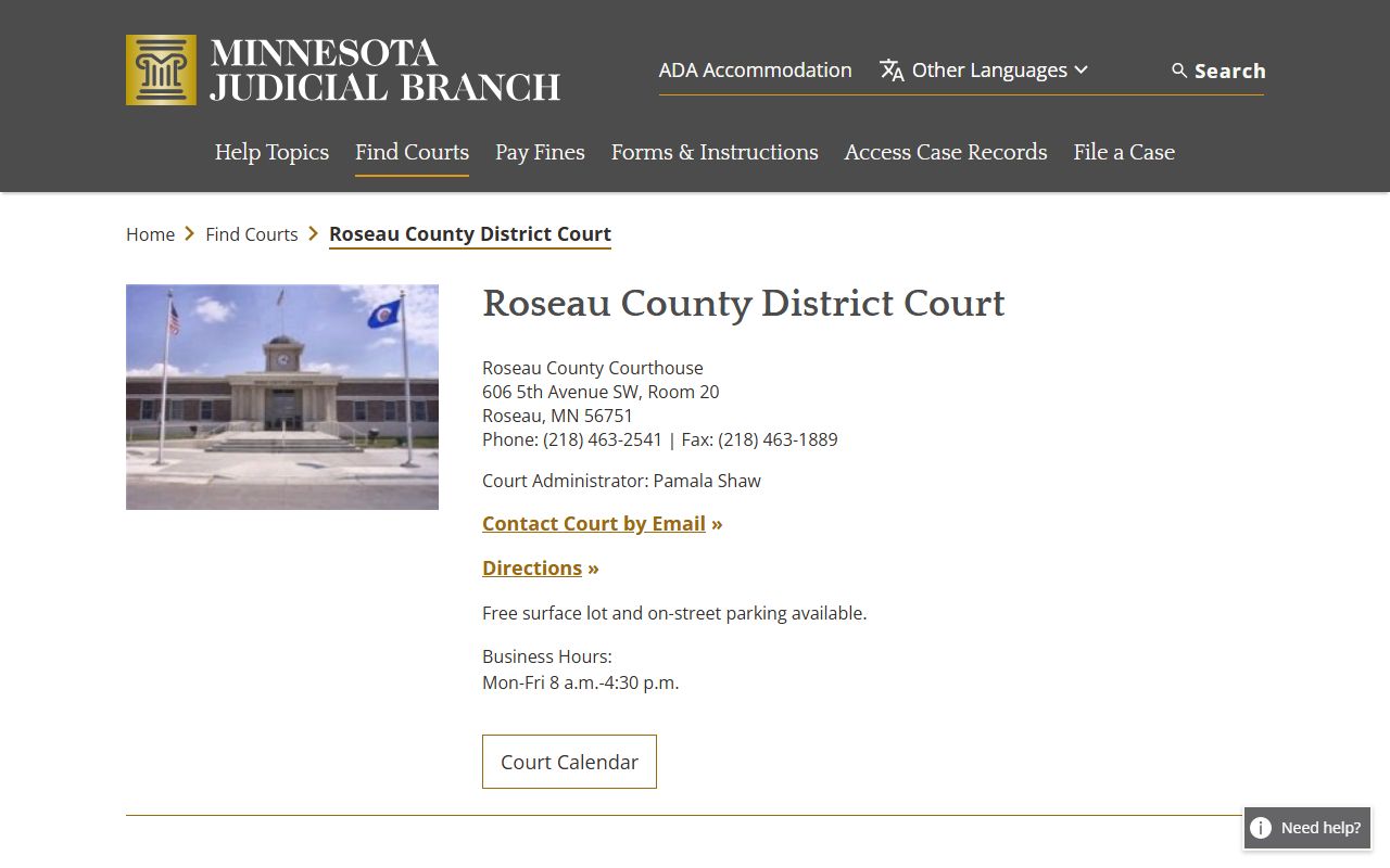 Roseau County court records District Court official page