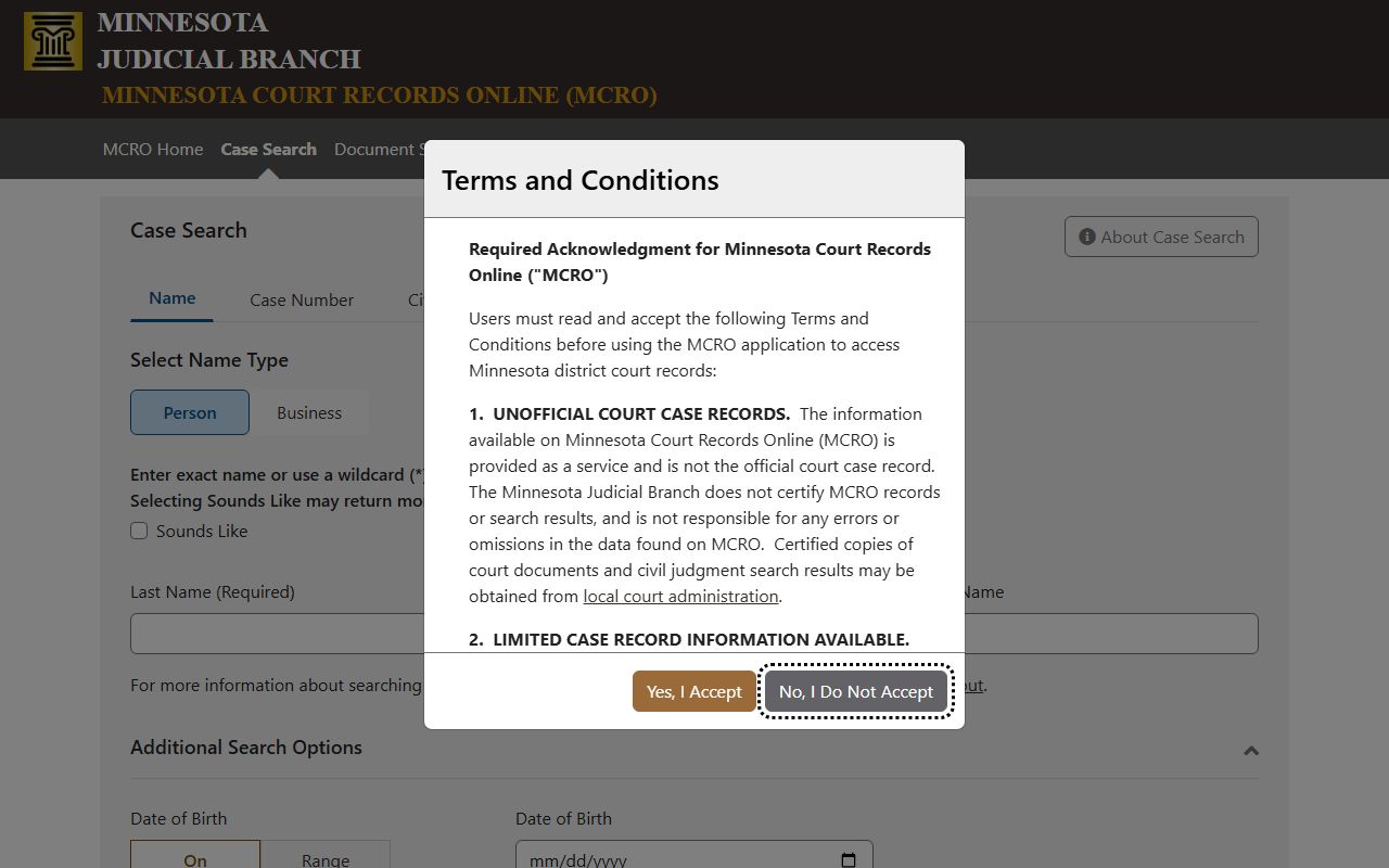 Roseau County court records MCRO Case Search fields