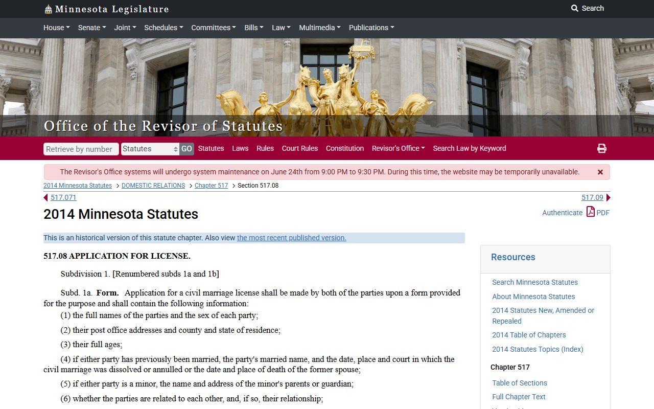 Roseau County marriage records Minnesota marriage license statute