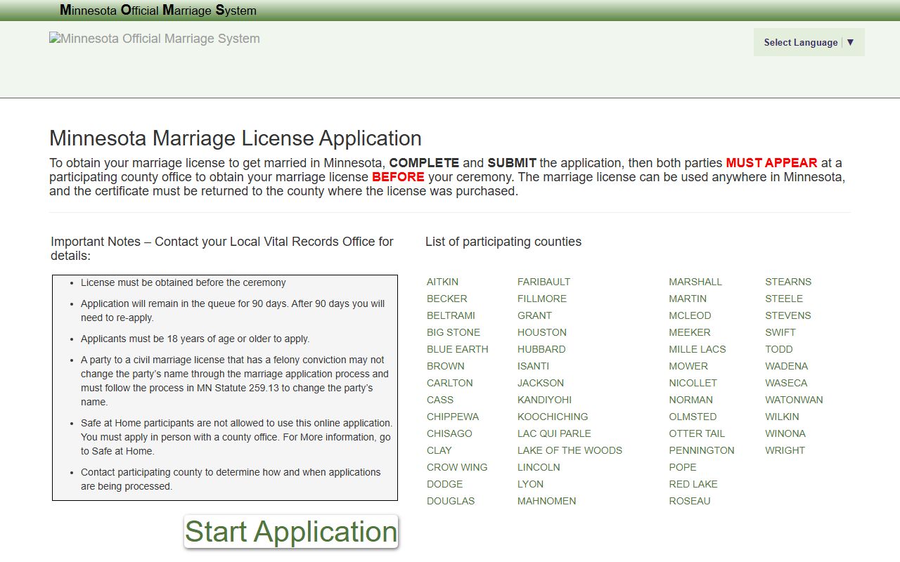 Roseau County marriage records MOMS marriage application