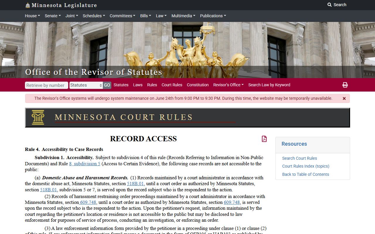 Roseau County probate records Minnesota Rules of Public Access Rule 4