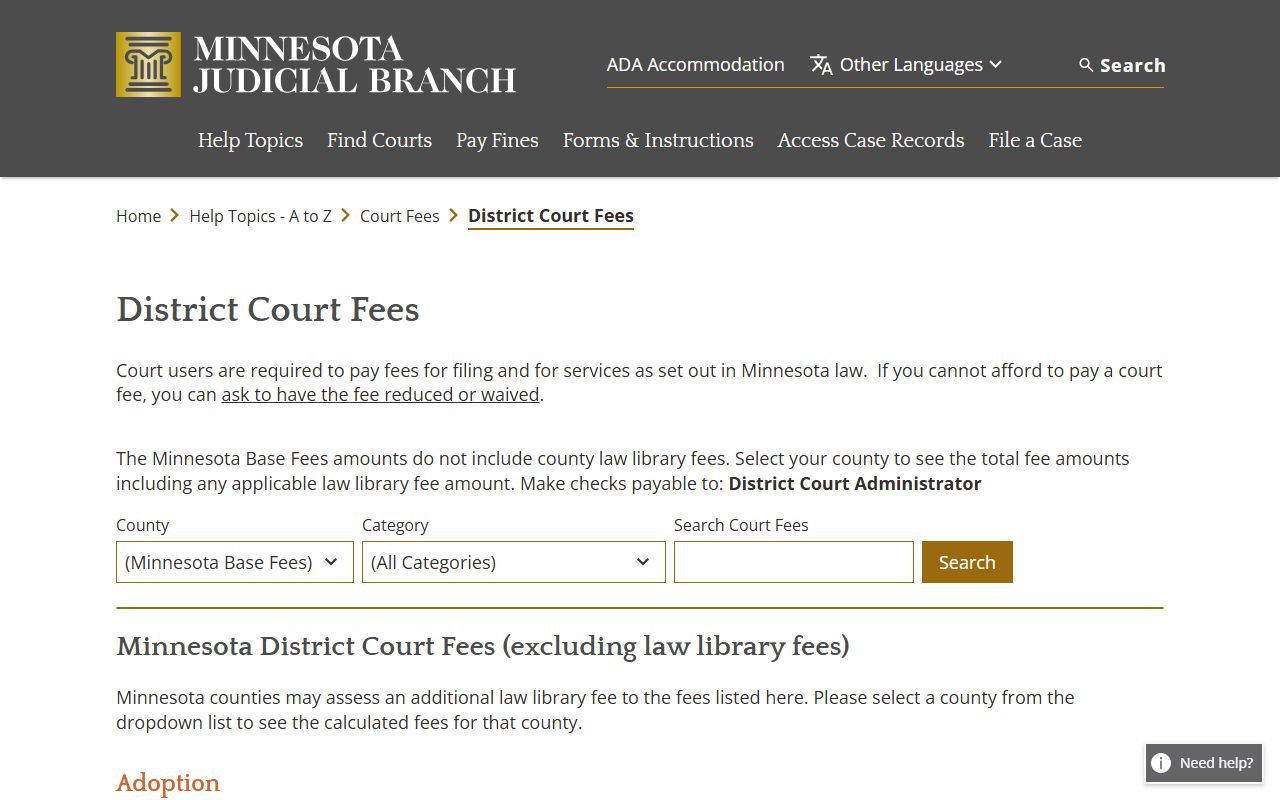 Roseau County probate records Minnesota District Court fee schedule